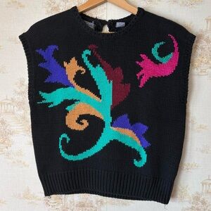 Vintage 90s hand loomed black multicolor abstract floral art knit sweater vest M